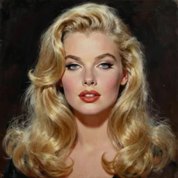 stunning award - winning portrait by peter lindbergh of a beautiful young blonde woman. vintage hollywood glamour. long shiny wavy hair. movie star makeup. vogue. fashion photography. sharp focus. oil on canvas.