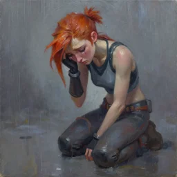 oil painting of crying depressed tracer overwatch full figure in the style of sophie anderson, expressive face, depressing, rainy, on knees,