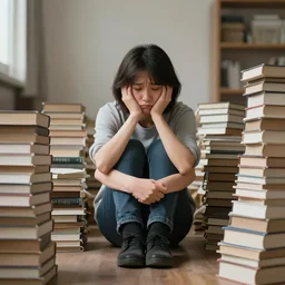 digital art of someone sitting in a big room, realistic sad face, surrounded by piles of books.