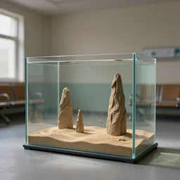 plasticine sculpture. fish tank in hospital waiting room. john craxton. sand. stop motion. minimal.