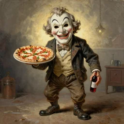 wrinkled! old man wearing pulcinella mask, with a pizza! margherita di napoli and a red wine, menacing appearance, lowbrow, artistic, dramatic backlight, full body, wide angle, ultrafine detailed caricarture painting by george cruikshank, trending on deviantart, masterpiece