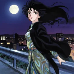 anime visual, portrait of an elegant female sightseeing above the city at night, guardrail, moon, beautiful face by yoh yoshinari, katsura masakazu, dynamic pose, dynamic perspective, strong silhouette, ilya kuvshinov, mucha, anime cels, 1 8 mm lens, rounded eyes, moody, intricate face