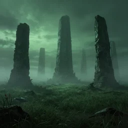 a eerie lovecraft landscape, monoliths, fields, dusk, fog, green ambient light