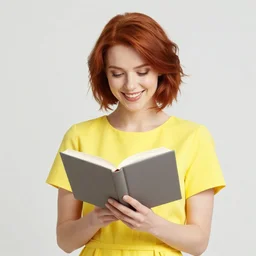 a smiling beautiful woman with short red hair wearing a bright yellow dress and reading a book, blue eyes, masterpiece, intricate, elegant, highly detailed, digital painting, artstation, concept art, smooth, sharp focus, illustration, art by artgerm and greg rutkowski and alphonse mucha and uang guangjian and gil elvgren and sachin teng, symmetry!!