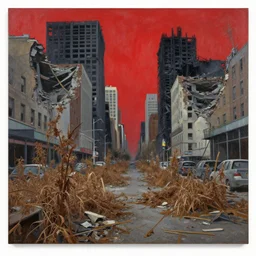 rundown streets of destroyed new york and overgrown with dead brown plants, debris on the floor, abandoned, sky is red, destroyed buildings, skyscrapers burnt down, by peter elson, oil on canvas