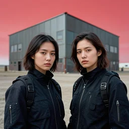 cinestill 5 0 d photographic portrait of two clones standing in front of a brutalist metal building, techwear women on a desolate plain, red sky, closeup, depth of field, 4 k, 8 k, hd, full color