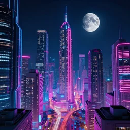 neon sci - fi city, futuristic, neon colours, high saturation, high def, 8 k, hd, two moons on night sky,
