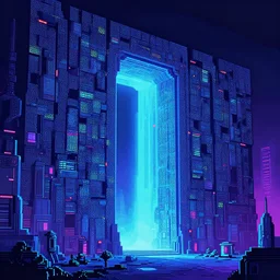 #pixelart of a gigantic wall which is a portal to the metaverse, by Liam Wong, Jim Burns, Bruce Pennington, cyber-punk, sci-fi, trending on ArtStation, masterpiece, art gem, 8K,