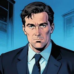 private investigator, colour comic portrait by brian bolland, blue lighting,
