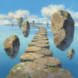 floating rocks forming a pathway on the sky, landscape painting by chuck jones makoto shinkai