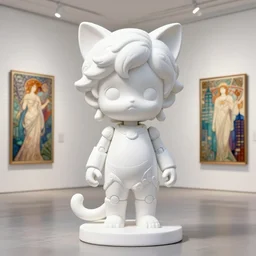 3 d octane render, ultra photorealistic, 8 k hyper detailed white image very white, a very cute roman statue robot of the anthropology, cat ears, cyberpunk, birds f cgsociety, in a contemporary art gallery, in neo tokyo, artwork by alphonse mucha
