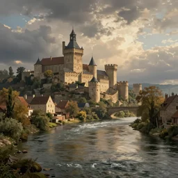 a riverside medieval town, massive river, beautiful, cinematic lighting, morning, albert bierstadt