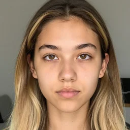 brunette with long dyed blonde hair, small nose, smaller mouth, round shaped face, big forehead, lop eared, thin eyebrows, hazel eyes, darker skin, skinny with dimples, real life photograph