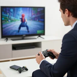 a man in a business suit playing video games on his xbox 360 | the man is looking at the tv | Xbox 360 controller |