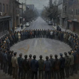 dark oil realistic painting empty communist streets with a crowd gathered tightly around one spot
