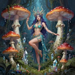 mushroom goddess, overgrown nature, dripping crystals, full body dynamic pose, attractive form, psychedelic dmt deity, high detailed illustration, cyber goth pin up girl, visionary art, fully colored and rendered