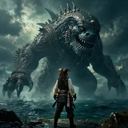 a pirate watching a giant monster out of the water, beautiful dramatic moody lighting, cinematic atmosphere, high detail, 8k, ornate, dark fantasy, masterpiece, complex, film still from the movie directed by Denis Villeneuve with art direction by Gregory Crewdson, Joel Sternfeld