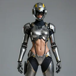 a fullbody portrait of a cyborg gal : : in a steel mechsuit with dark yellow accents, toned mechanical abs, long sleeves, turtleneck, robotic parts, sci - fi masked helmet, breastplate : : cosplay, photgraphy, real lighting, sci - fi, hd : :