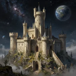 a medieval castle in space, digital painting, trending on artstation
