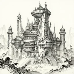 a cold highly detailed ink sketch of a dieselpunk palace by kim jung gi in the style of oriental art, dynamic lighting