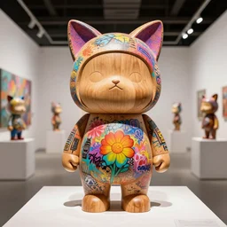 8 k octan, advertising, highly detailed, photo, a totally wooden figurine collectible art toys wooden on feet, funny very cute fat zen with cat ears, flowers graffiti colored cyberpunk, a contemporary art gallery, symetrical, masterpiece of art, nofinito, design showroom, dealership, indoor display, convention, exhibition