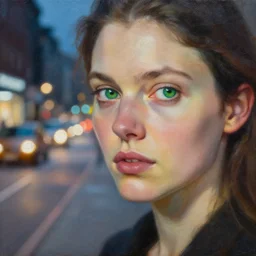 detailed portrait of a woman with green eyes in the city street at night, bokeh, long exposure, painting by jeremy lipking christopher doyle