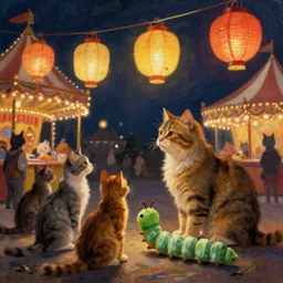 painting of cats and caterpillars at a carnival at night watching paper lanterns, in the style of eyvind earle