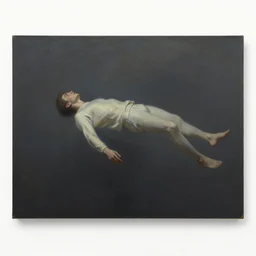 man floating in air in total darkness, oil painting, pale colors, high detail, 8 k, wide angle, trending on artstation,