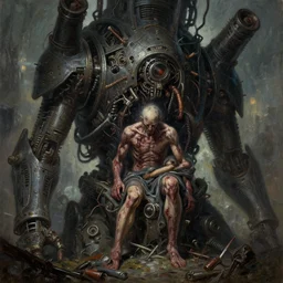 grim dark oil painting of a humans built - in in a huge doomsday apocalyps machine, pain, sorrow,, octane rendering, trending on artstation, by zdzisław beksinski, studio ghibli, michael whealan and james gurney