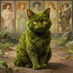 mossy cat, desktop background, path traced, highly detailed, high quality, digital painting, by studio ghibli, lise deharme, alexander jansson, paul lehr, tim white, hans zatzka, george stubbs, louis wain, alphonse mucha, louis anquetin, theodore chasseriau, vittorio matteo corcos