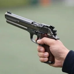 man holding a pistol with a extremely long magazine