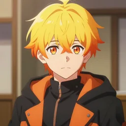 Semi-realistic Anime Teen Character close up, Yellow-Orange Gradient short Hair, black and orange coat, orange pupils, backroom background, art by greg rutkowski