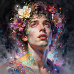 pablo pascal, portrait, colorful and vibrant, majestic, open wide eyes, tear drops, flowers on hair, glowing light orbs, intricate concept art, elegant, digital painting, smooth, sharp focus, ethereal opalescent mist, outrun, vaporware, cyberpunk darksynth, ethereal, ominous, misty, by ruan jia and miho hirano, 8 k, rendered in octane