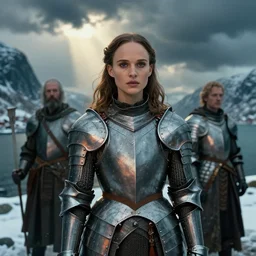 wizard, norway fjord, natalie portman, hudson river school, max rive, full plate armor, f 1 6, bokeh, gentle, female, snowy, storm clouds, god rays, close up portrait, d & d, fantasy, elegant, teal orange color palette, concept art, roger deakins and greg rutkowski and alphonse mucha
