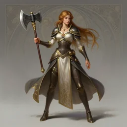 full body character sheet of a beautiful girl in a pose wielding a battle axe, d & d, fantasy, intricate, elegant, highly detailed, digital painting, artstation, character concept art, smooth, sharp focus, illustration, art by artgerm and greg rutkowski and alphonse mucha