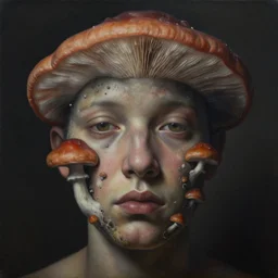 fungus growing out of my face, dull colors, highly detailed surrealist painting, by michael divine by yvonne mcgillivray by michael divine by mandy jurgens by michael divine, moody color palette, very very very beautiful,