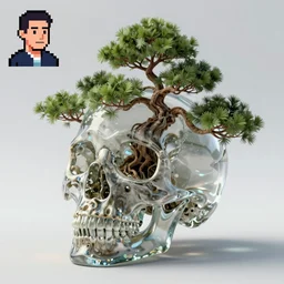 3 d render photoreal hyperreal photorealistic hyperrealistic realistic 3 d octane render 8 k glass skull with a bonsai tree inside of itwith profile picture by luis toledo and alex grey and beeple. neosurrealism. digital art, pixel art, concept art, octane render, trending on cgsociety, trending on artstation