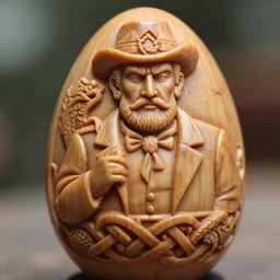 3 5 mm closeup of realistic wood carving of yosemite sam easteregg in norse style knots and wyrm pattern full carving, intricate, tokyo film still, 8 k, bokeh