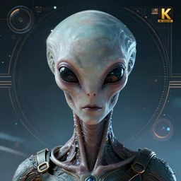 retrofuturistic portrait of an alien, space graphics art in background, close up, wlop, dan mumford, artgerm, liam brazier, peter mohrbacher, 8 k, raw, featured in artstation, octane render, cinematic, elegant, intricate, 8 k