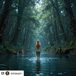 forest nymph rising from the water. view from behind, wide angle view, back view. nuri iyem, james gurney, james jean, greg rutkowski, anato finnstark. trending on artstation, starlight, and enchanted dreams. instagram photo shoot, sigma 3 5 mm, award winning photography, concept art