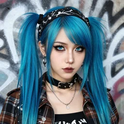 highly detailed closeup portrait of a sewer punk pretty swedish female road warrior student, tartan garment, blue hair pigtails with headband by atey ghailan, by greg rutkowski, by greg tocchini, by james gilleard, by joe fenton, by kaethe butcher, gradient cyan, black, brown and white color scheme, grunge aesthetic!!! white graffiti tag wall background