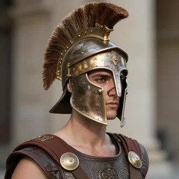 beautiful model wearing roman helmet with nose guard