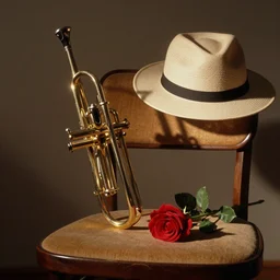 a soft lit 1980s photograph of a trumpet and a rose and a hat on a chair