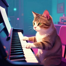 an cat playing a piano, synthwave, digital art