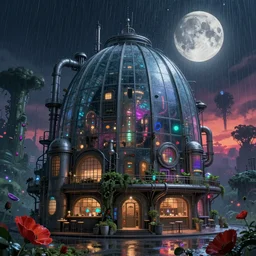 a beautiful detailed render of domed city industrial architecture by owen d. pomery, scumm bar magic realism nightvision studio ghibli retrowave made of glass at night heavy rain moon extraterrestial poppy biopunk rainforest at dusk sunset gem otherworldly futuristic, archdaily, wallpaper, highly detailed, trending on artstation.