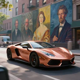 copper colored sport car racing through a street in nyc, painted by, mc escher, gordon onslow ford, georgia o'keeffe and ivan aivazovsky, cinematic light, god rays, colourful, unreal engine.