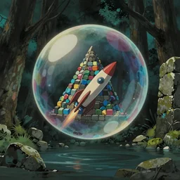 pov hyperrealist, dull colors, interior shot from howls moving castle 2 0 0 4 of a monk rocketing into a multicolored cubic bubble in a flooded woodland stonehenge pyramid. bubble.