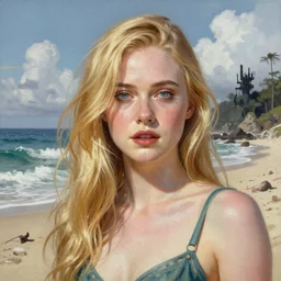 ultra realistic portrait painting of elle fanning at the beach in the world of metal gear solid and death stranding, art by frank frazetta, 4 k, ultra realistic, highly detailed, epic lighting