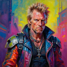 a portrait of an apocalyptic scifi punk rock biker, psychedelic vibrant colors, futuristic punk rock fashion, oil painting by michael whelan art, ed repka art, sharp focus, realistic, grizzled face of clint eastwood, highly detailed, 8 k
