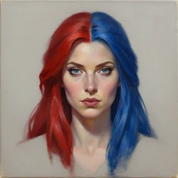 A detailed matte oil on canvas head on symmetrical portrait of a distinguished elven woman with vertical split red and blue hair on an empty background ,  by Charlie bowater and lise deharme wlop, trending on artstationhd,  dungeons and dragons art, critical role